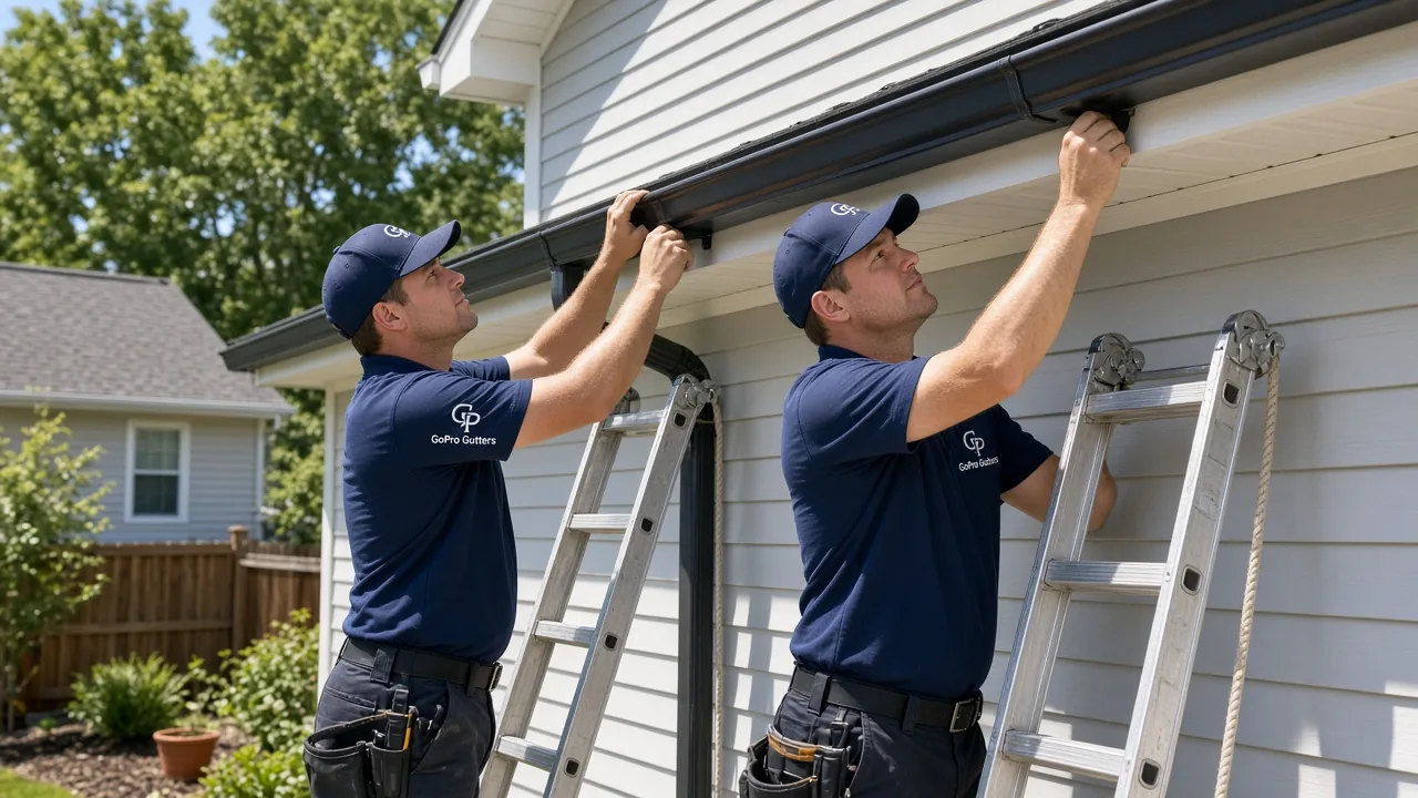 GoPro Gutters crew installing black K-style gutters on a residential roof