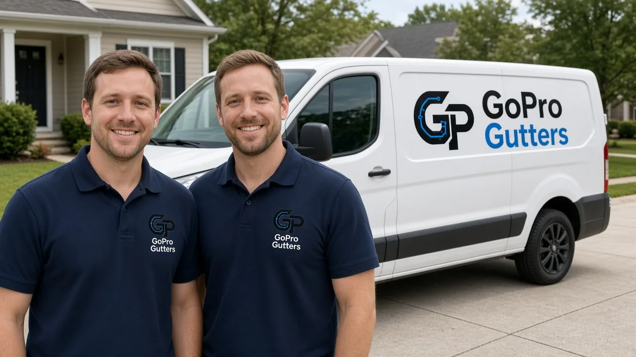GoPro Gutters local crew in branded navy shirts standing with their work van