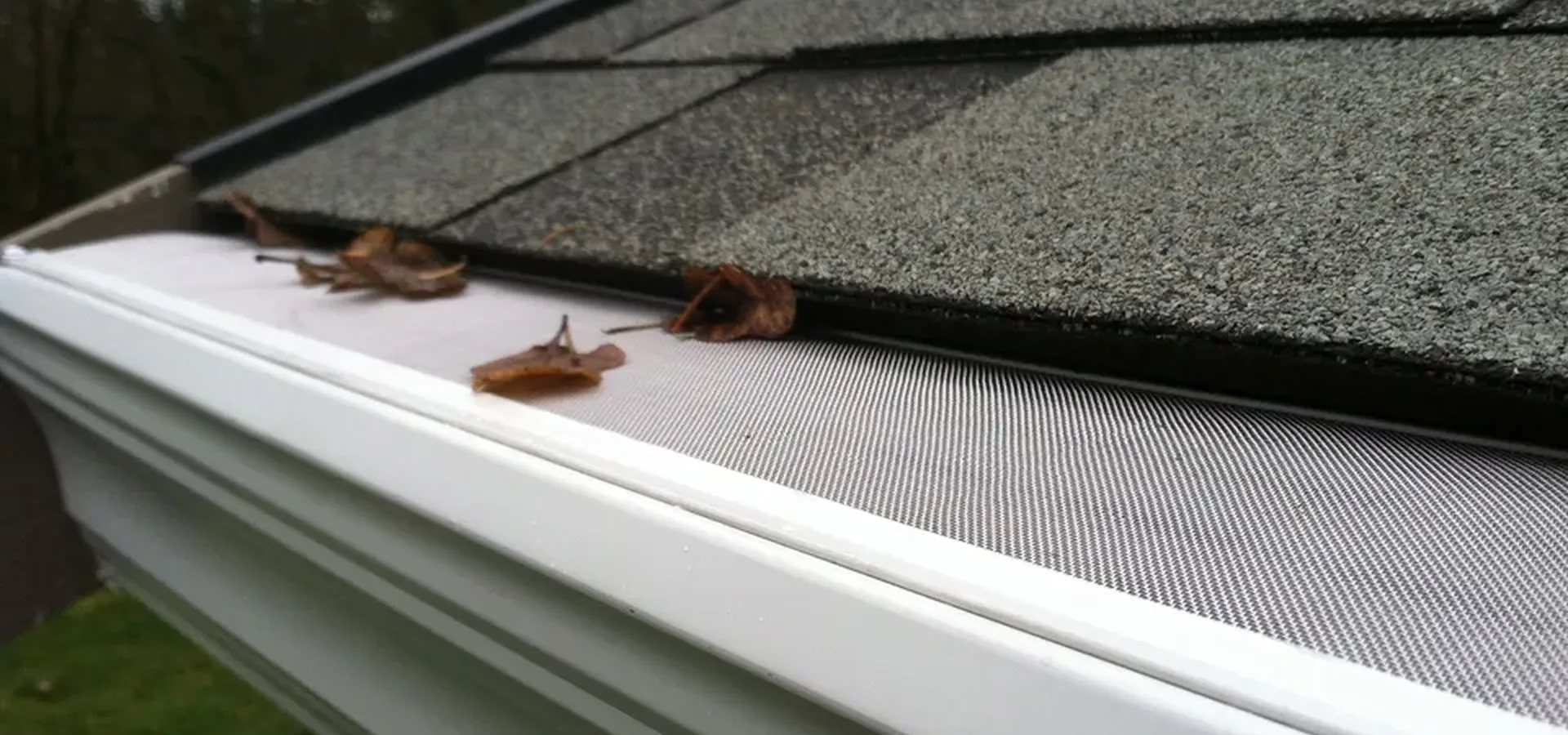 GoPro MicroMesh on a white K-style gutter with dried leaves resting on the stainless mesh